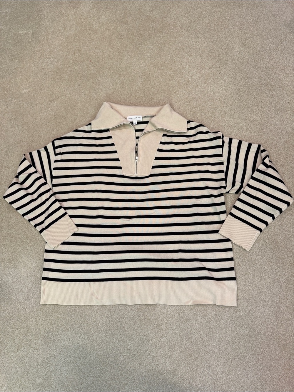 Striped Half-Zip Polo Sweater Top - Cream & Black